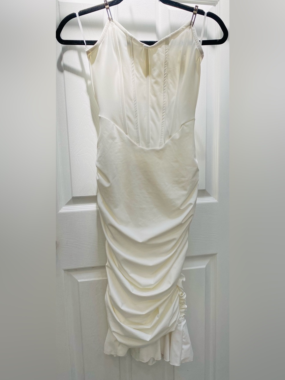 SHEIN SXY Ruched Ruffle Hem Mesh Tube Bodycon Dress in white